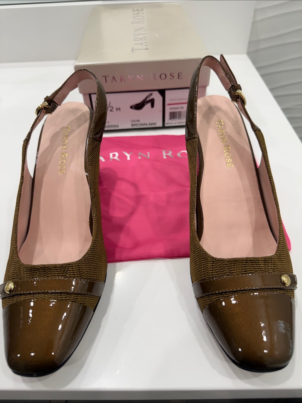 Taryn Rose Brown Patent & Textured Slingback Heels